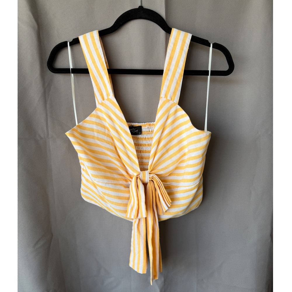 Milk & Honey Festival Crop Top Yellow White Striped Coastal Smocked Beach Large